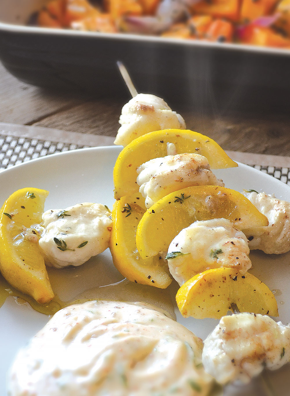 Monkfish & lemon skewers with a mint & garlic dip The EnTwo